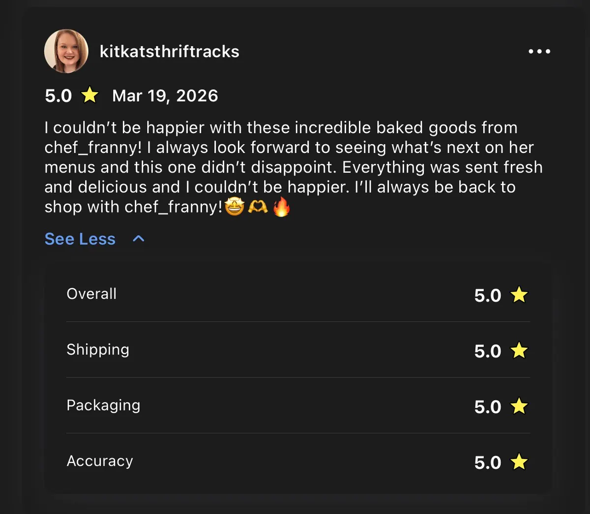 Screenshot of a five-star Whatnot review from kitkatsthriftracks